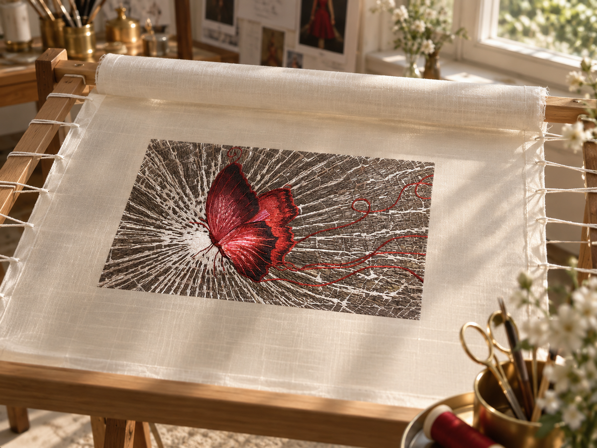 Broderie de soie représentant un papillon, réalisée à la main dans l’atelier de LYSANDRE PARIS.