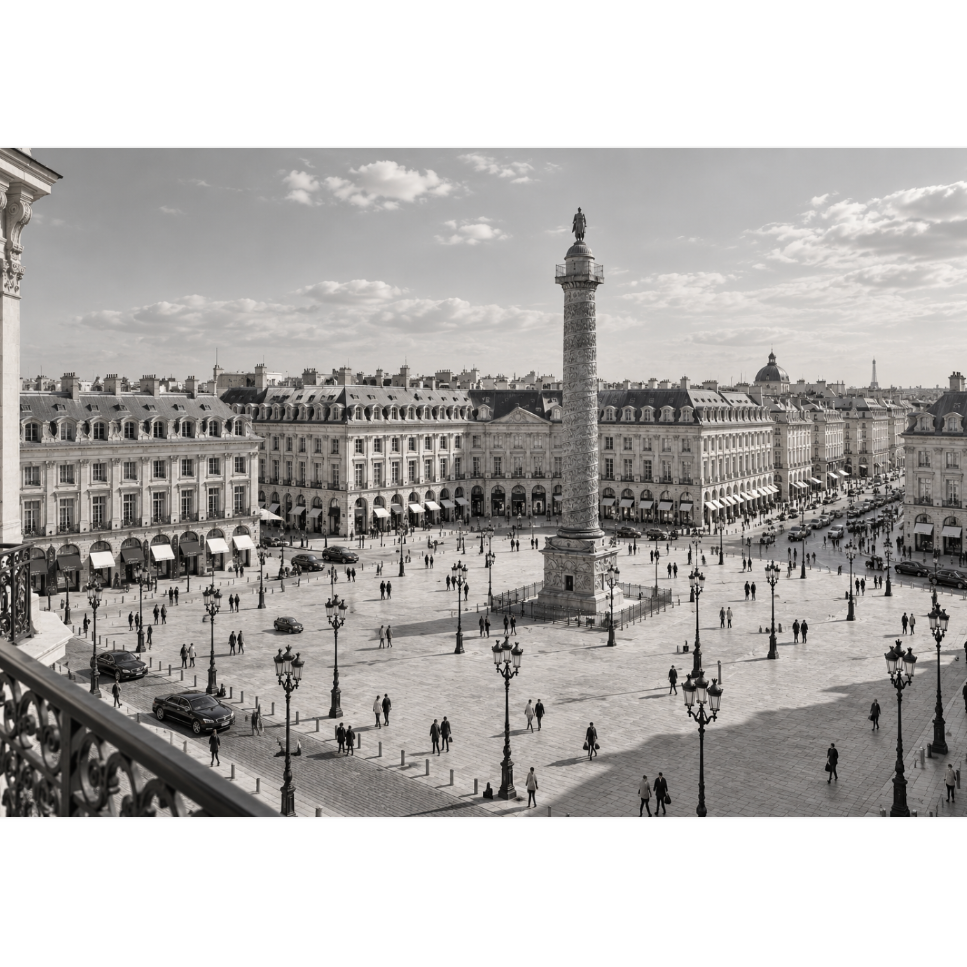 Vue sur la place Vendôme depuis le bureau parisien de LYSANDRE PARIS.