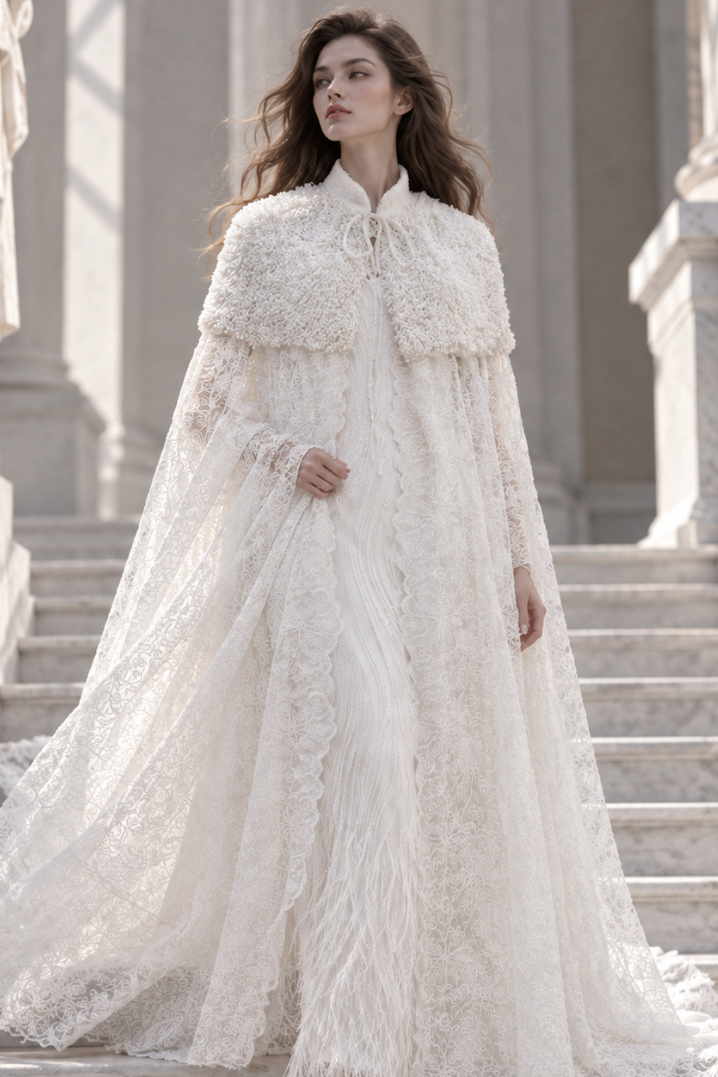 Cape longue en dentelle blanche de la Collection 2026 LYSANDRE PARIS, avec épaules entièrement brodées de longues perles tubulaires et de petites perles rondes.