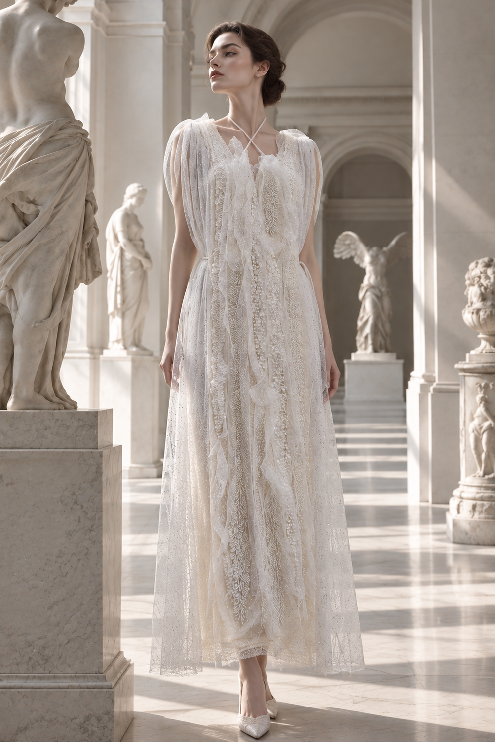 Robe blanche brodée de la Collection 2026 LYSANDRE PARIS, création Couture présentée dans un décor de sculptures et d’architecture classique.