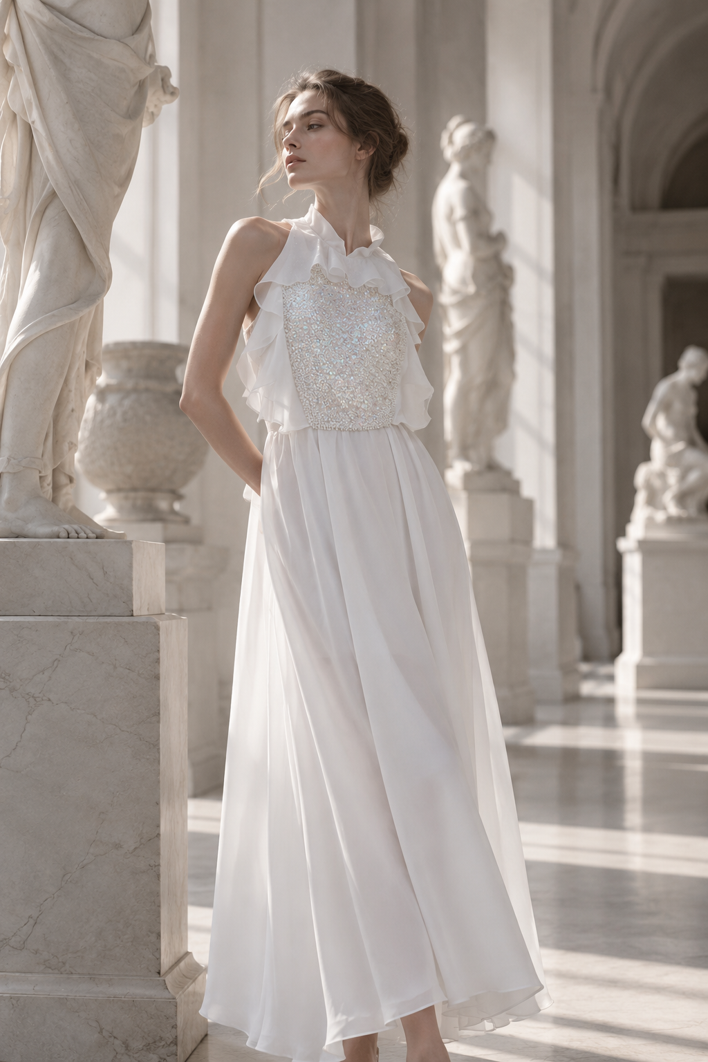 Robe longue blanche de la Collection 2026 LYSANDRE PARIS, création Couture avec corsage entièrement perlé et volants délicats.
