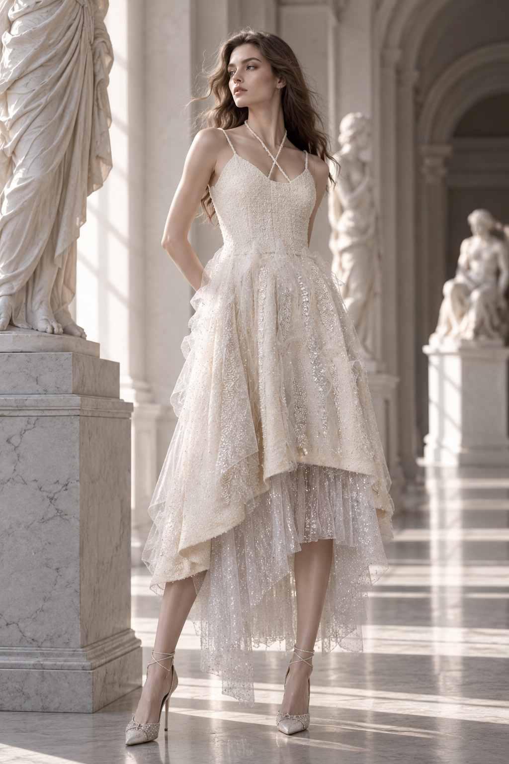 Robe blanche à fines bretelles et jupe asymétrique brodée de la Collection 2026 LYSANDRE PARIS.