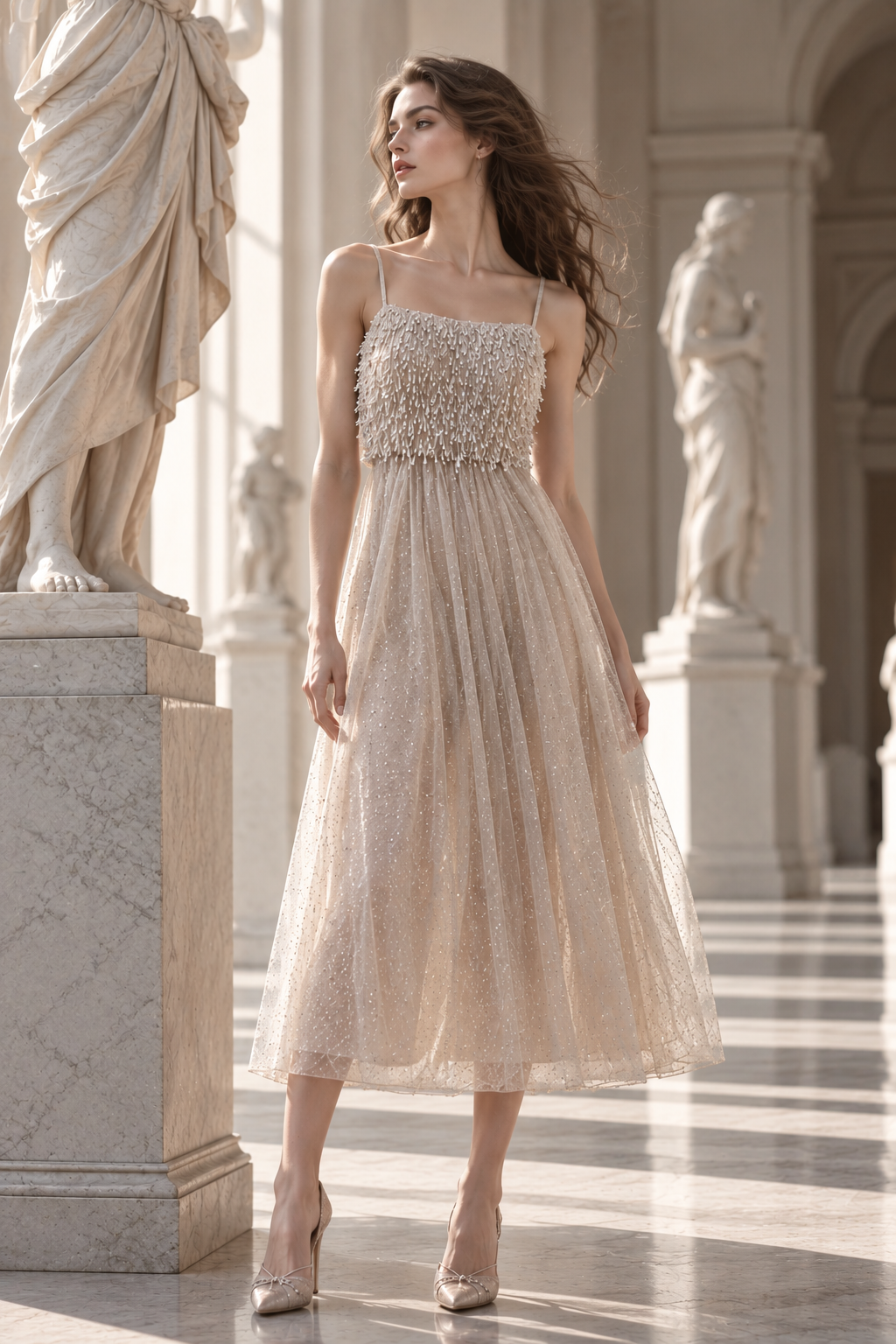 Robe à fines bretelles de la Collection 2026 LYSANDRE PARIS, avec haut entièrement brodé de longues perles tubulaires et jupe en dentelle ivoire argentée.