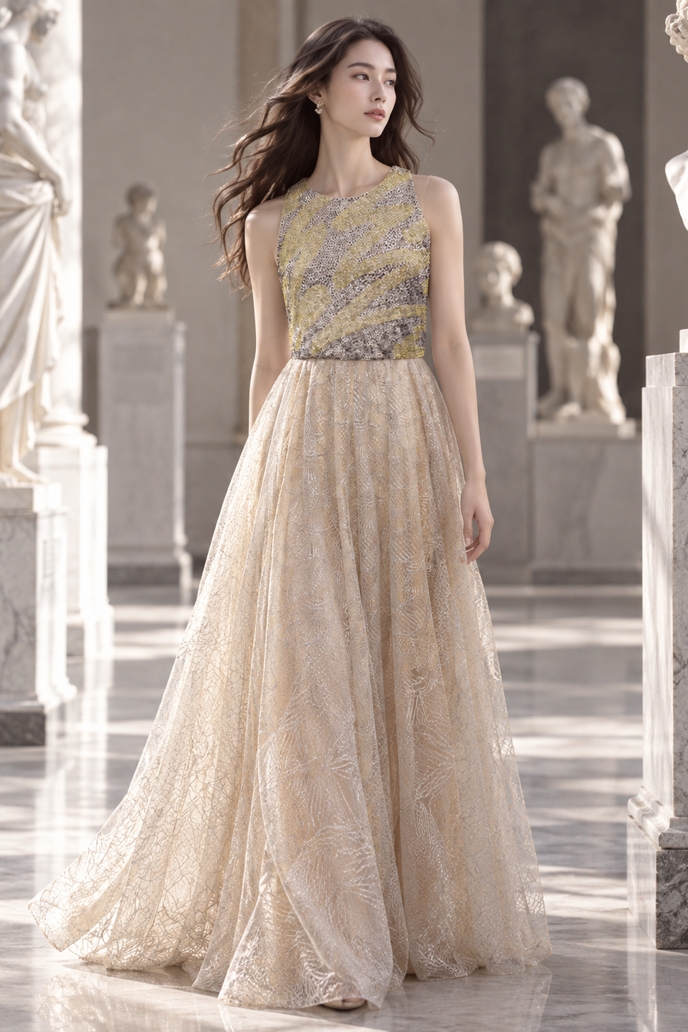 Robe longue de la Collection 2026 LYSANDRE PARIS, avec haut brodé aux reflets or et argent et jupe ample en dentelle champagne.