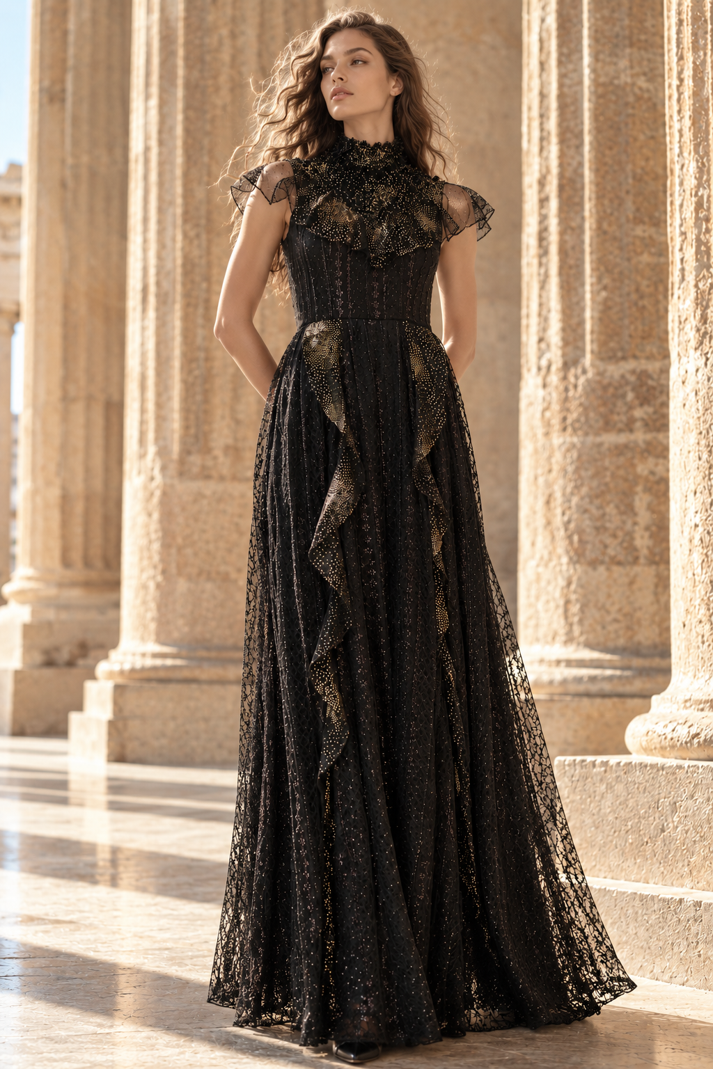 Robe longue noire en dentelle de la Collection 2026 LYSANDRE PARIS, création Couture à col montant et détails brodés.