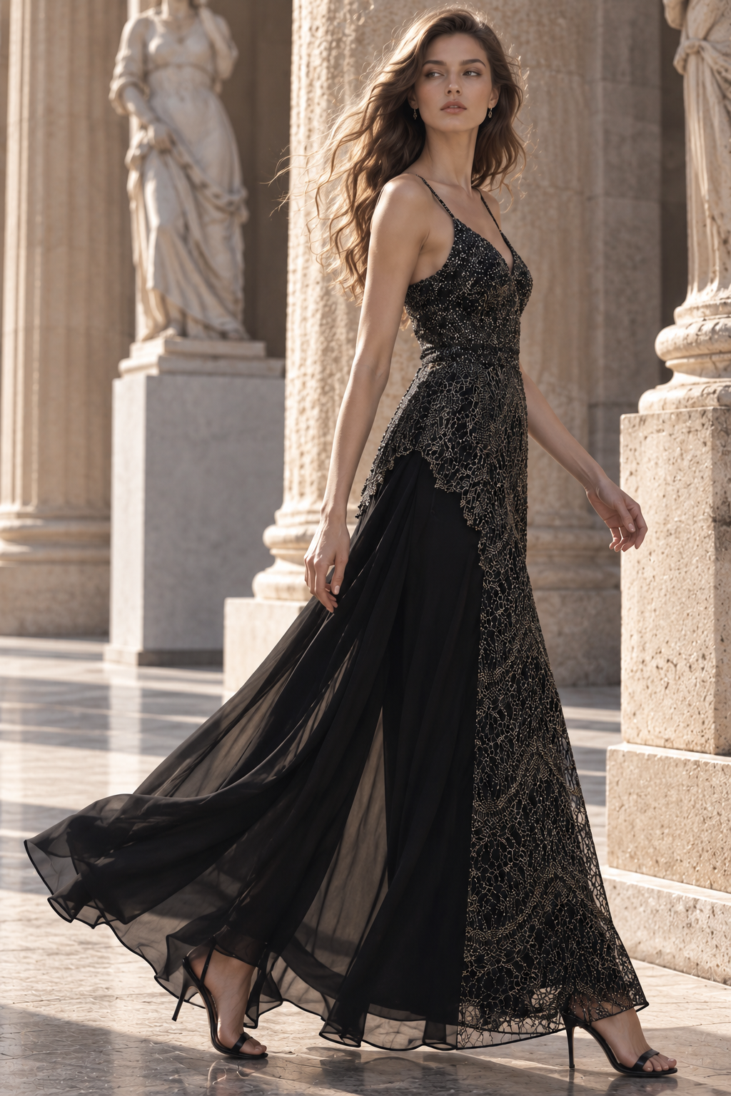 Robe noire à fines bretelles de la Collection 2026 LYSANDRE PARIS, création Couture en dentelle avec corsage orné de perles transparentes.