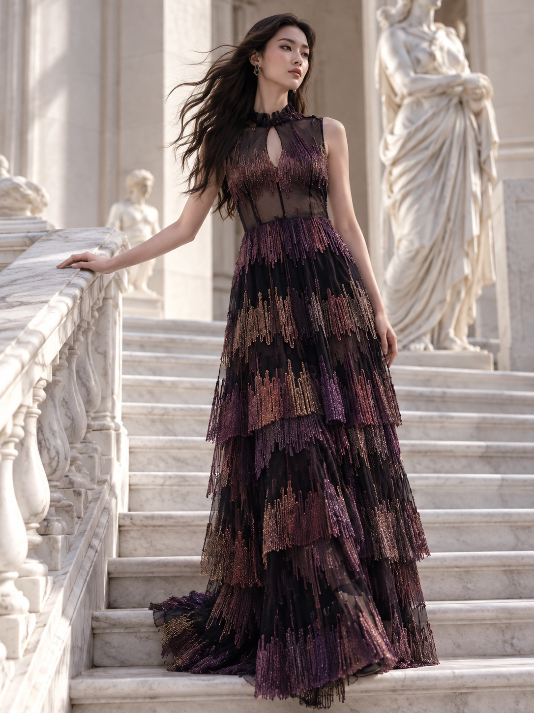 Robe longue noire à volants superposés de la Collection 2026 LYSANDRE PARIS, ornée de broderies en fils de laine aux nuances dégradées de violet.
