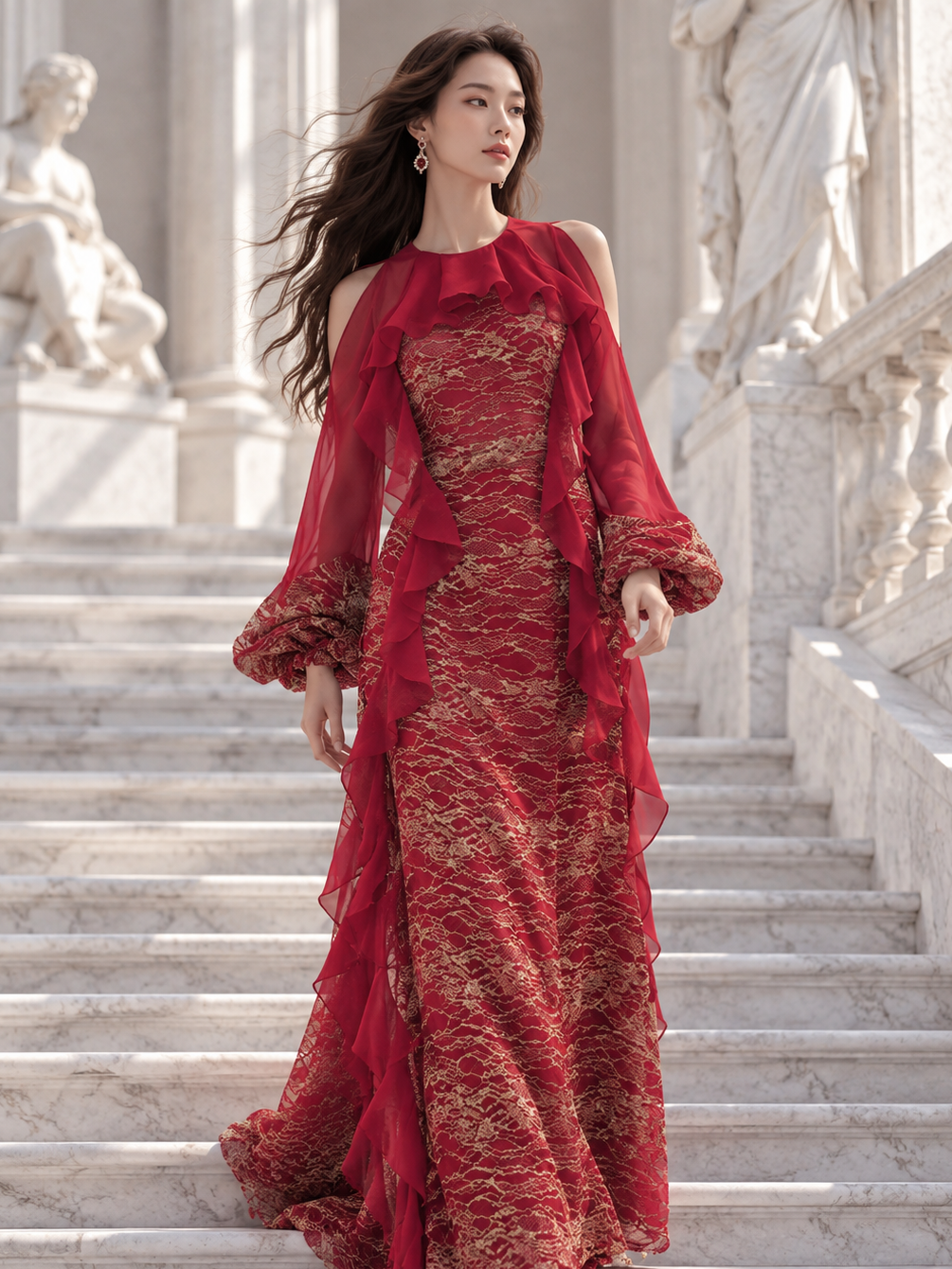 Robe longue rouge de la Collection 2026 LYSANDRE PARIS, réalisée en dentelle rehaussée de fils dorés et ornée de volants fluides en soie.