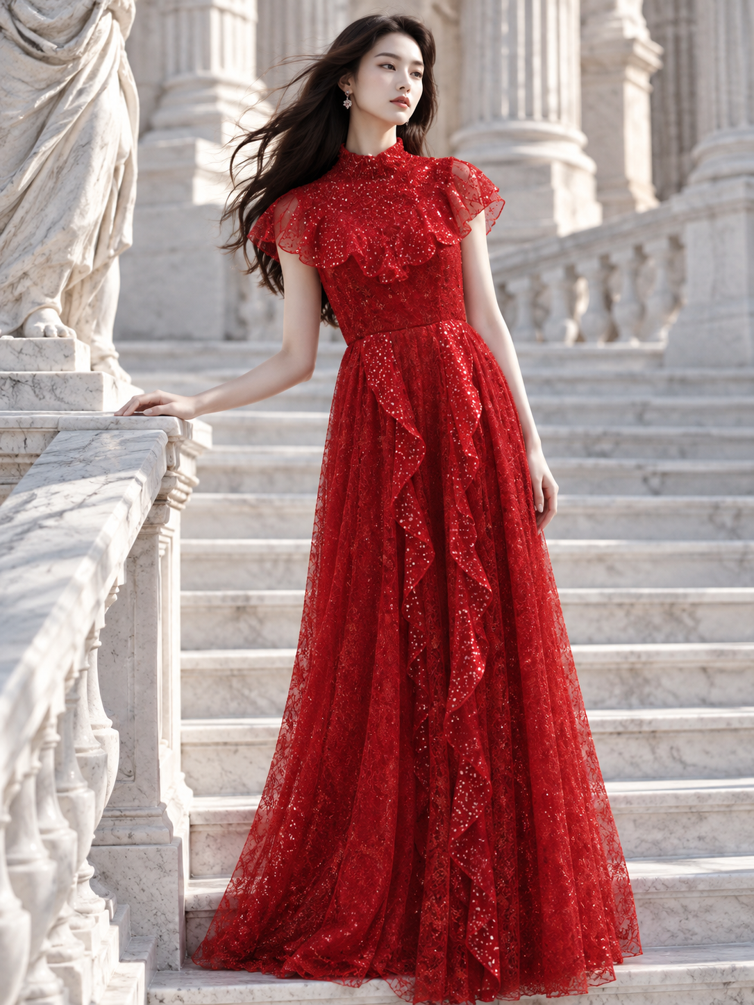 Robe longue rouge en dentelle de la Collection 2026 LYSANDRE PARIS, ornée de volants et de perles brodées au col, aux épaules et sur le haut du buste.
