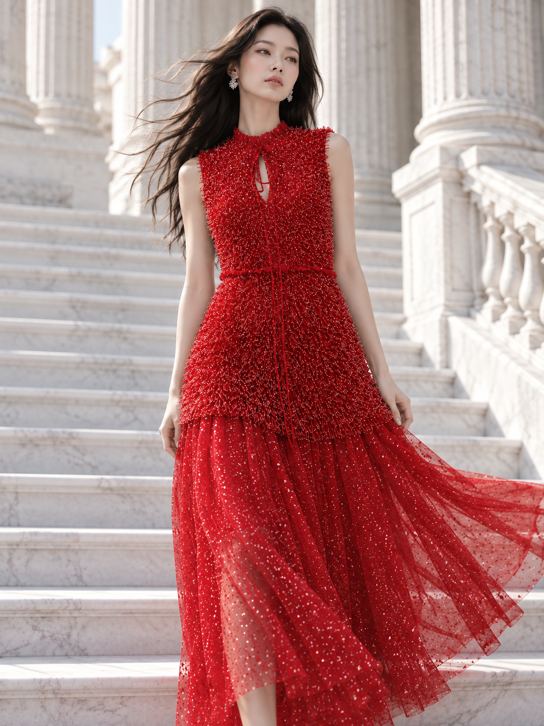 Robe rouge de la Collection 2026 LYSANDRE PARIS, création Couture avec haut sans manches entièrement orné de perles et longue jupe en tulle scintillant.