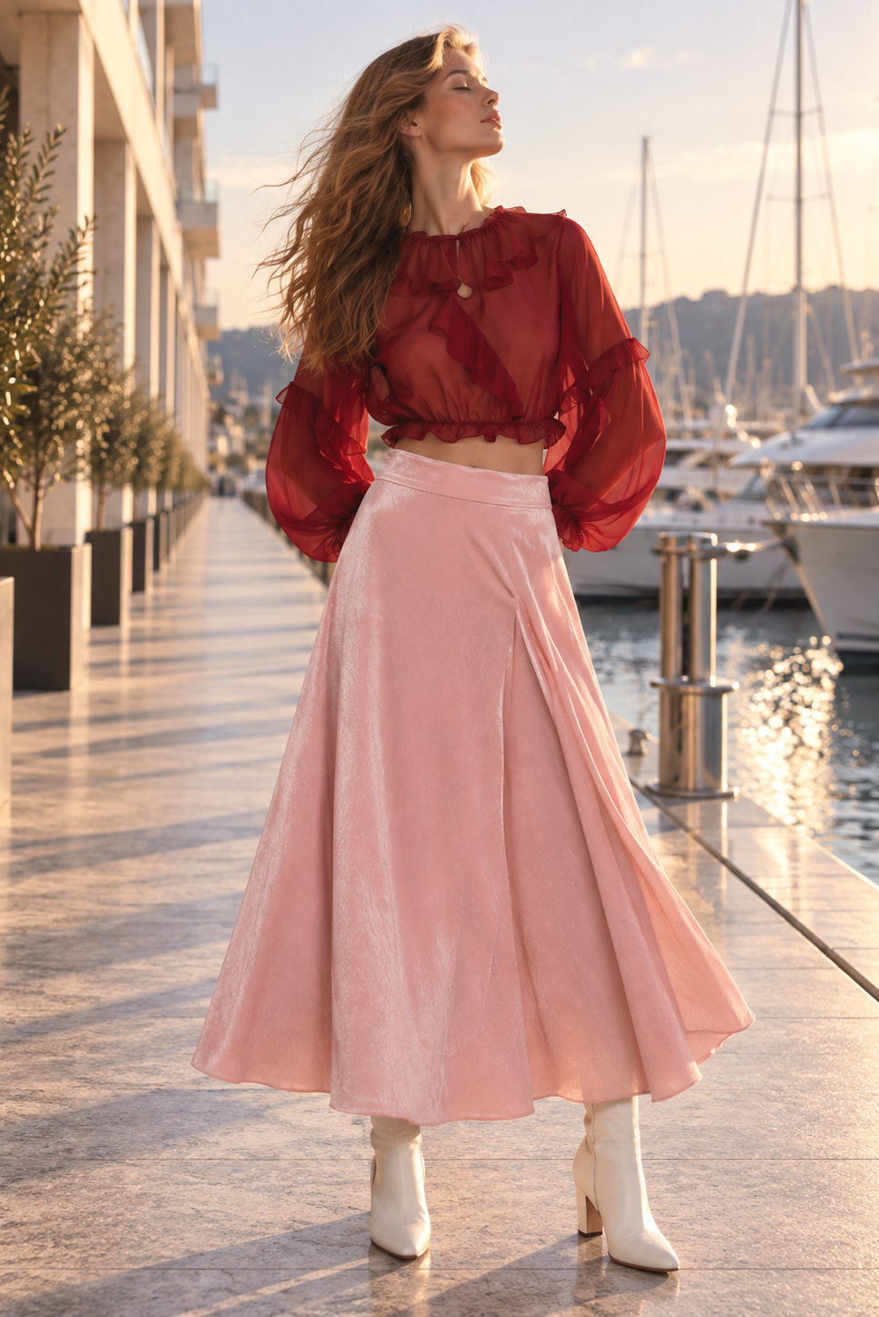 Blouse bordeaux en soie transparente à volants portée avec une jupe longue rose poudré de la Collection Prêt-à-Porter 2026 LYSANDRE PARIS.