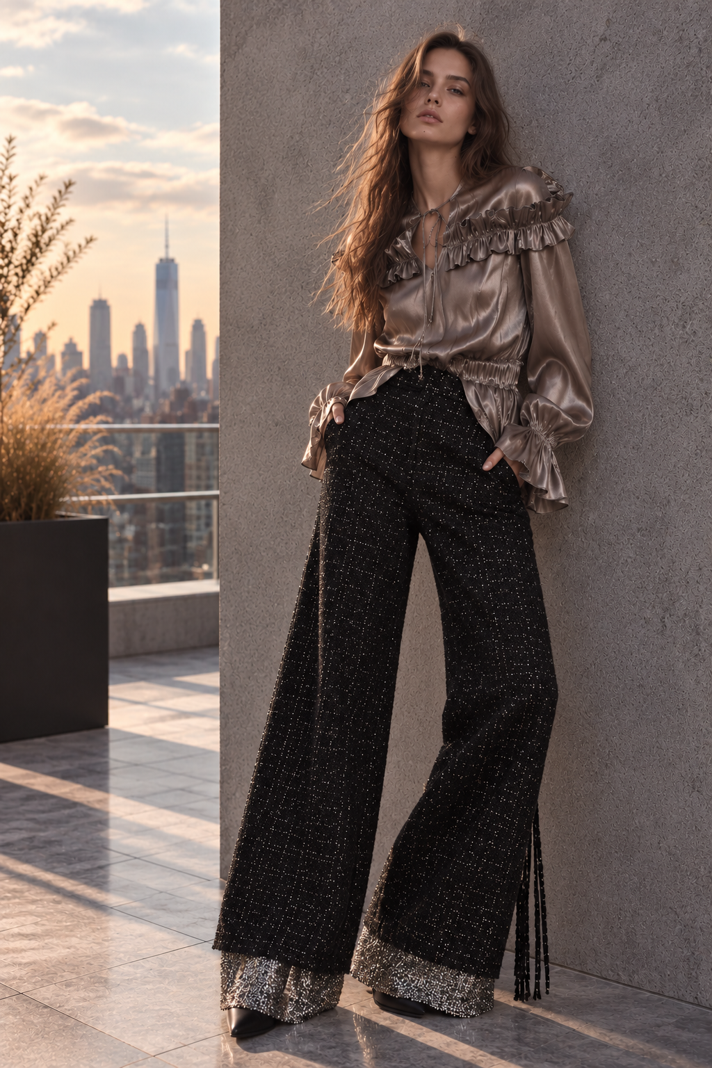 Blouse en soie gris argent à volants portée avec un pantalon large en tweed noir de la Collection Prêt-à-Porter 2026 LYSANDRE PARIS.