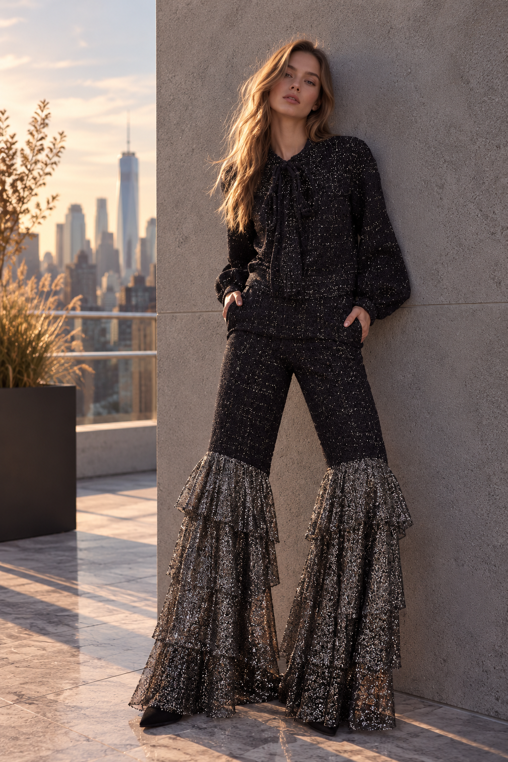 Ensemble en tweed noir de la Collection Prêt-à-Porter 2026 LYSANDRE PARIS, avec veste structurée et pantalon orné de larges volants en dentelle noire et argentée.