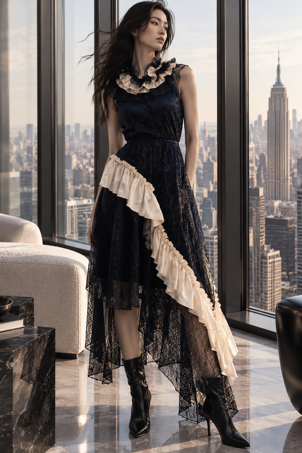 Robe en dentelle noire de la Collection Prêt-à-Porter 2026 LYSANDRE PARIS, ornée de volants asymétriques en soie ivoire.