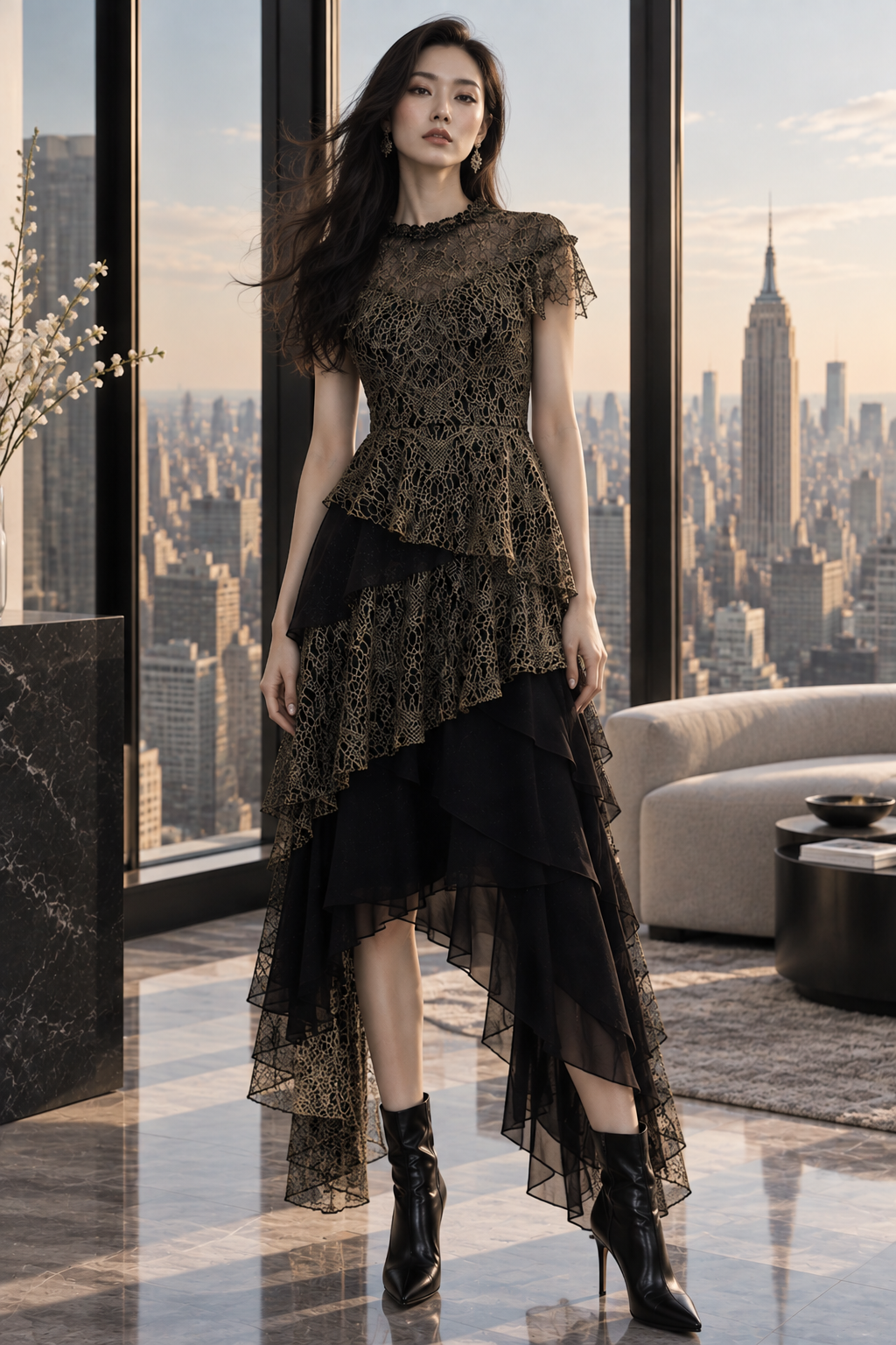Robe noire asymétrique en dentelle et soie de la Collection Prêt-à-Porter 2026 LYSANDRE PARIS, à volants superposés.