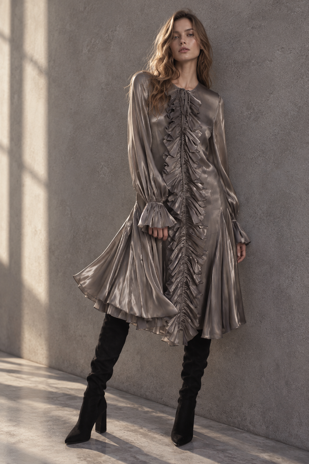 Robe gris argent de la Collection Prêt-à-Porter 2026 LYSANDRE PARIS, à manches longues et volants fluides sur le devant, les poignets et la jupe.