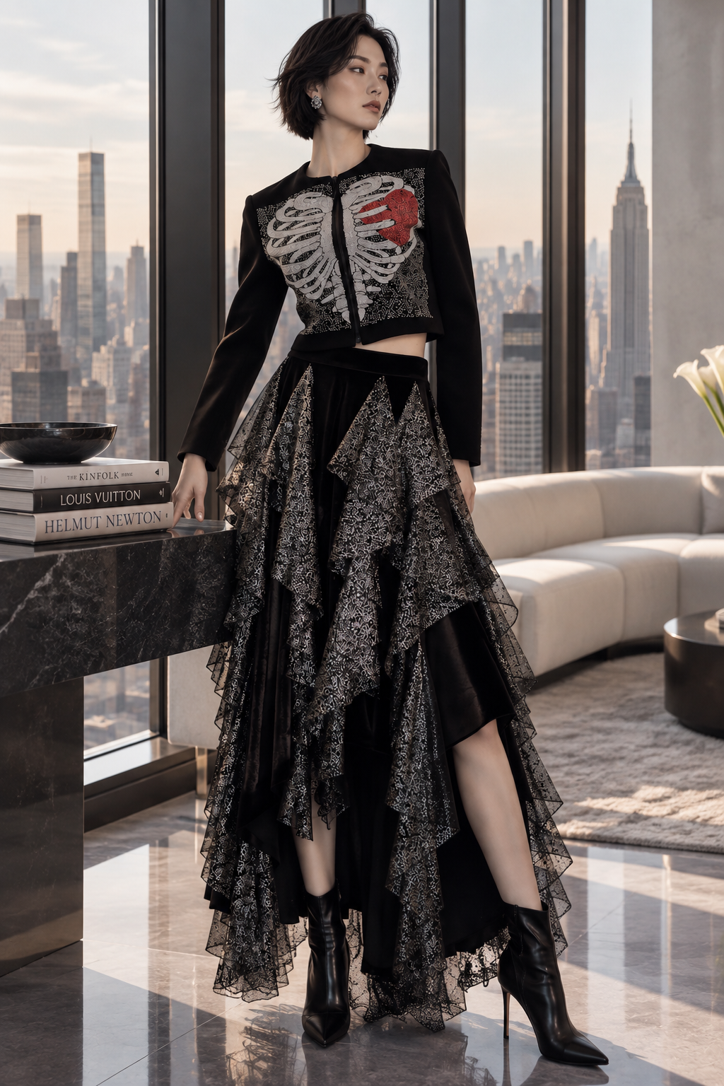 Ensemble de la Collection Prêt-à-Porter 2026 LYSANDRE PARIS, composé d’une veste noire en cachemire ornée d’un motif brodé de perles et d’une jupe en velours noir à volants de tulle argenté.