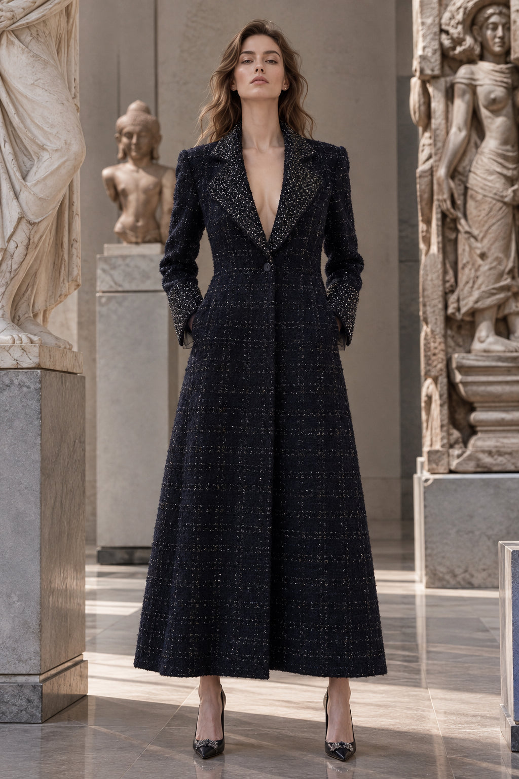 Manteau Couture noir en lainage brodé de perles à la main – LYSANDRE PARIS