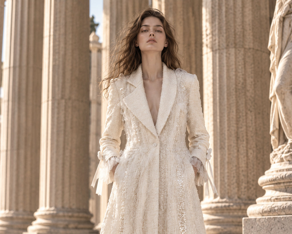 Manteau Couture blanc en lainage brodé de perles à la main – LYSANDRE PARIS