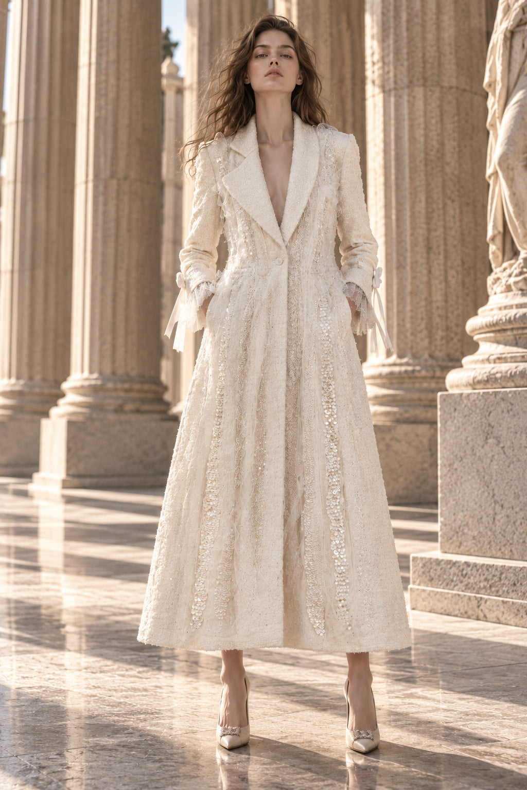 Manteau Couture blanc en lainage brodé de perles à la main – LYSANDRE PARIS