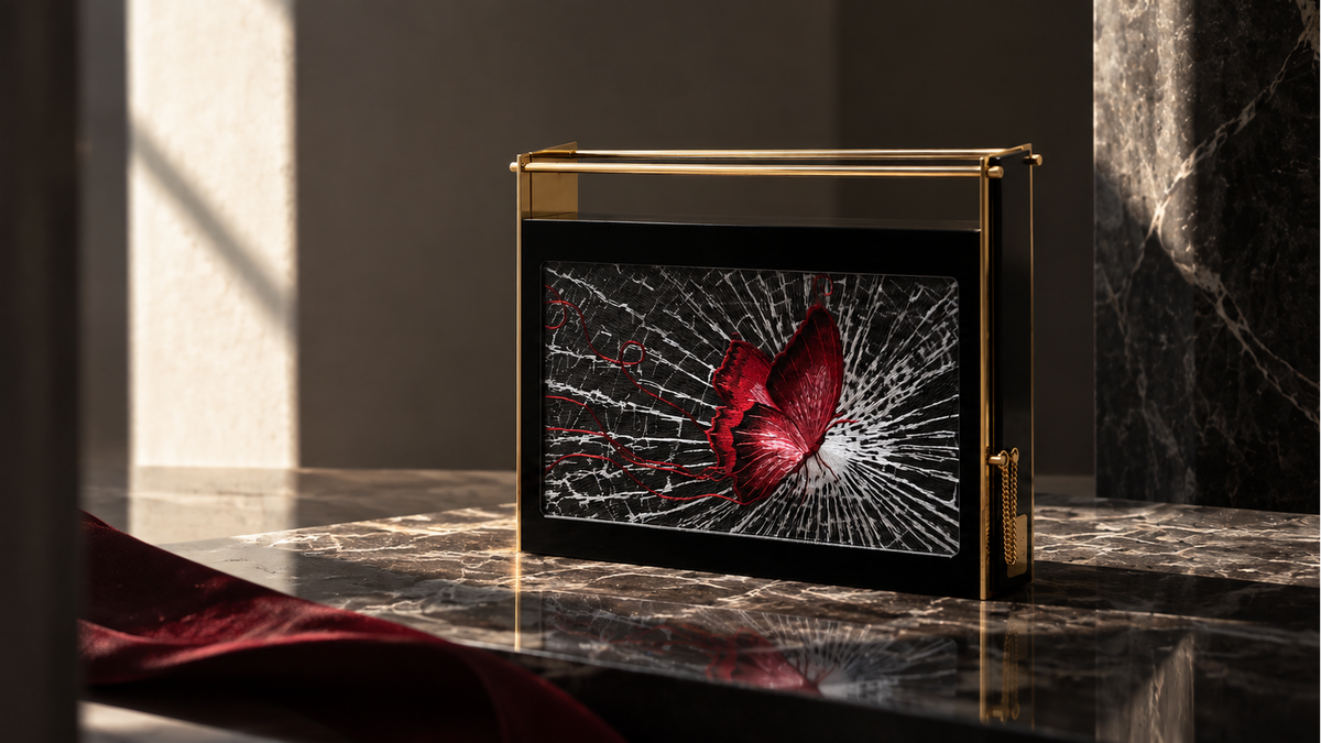Minaudière brodée « L’Éclat de l’Envol » de LYSANDRE PARIS, broderie représentant un papillon rouge surgissant d’un motif évoquant le verre brisé.